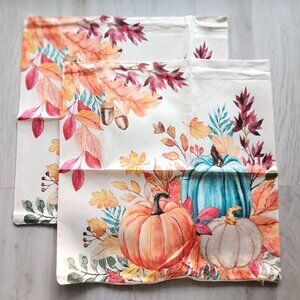 New AACORS Pair of Seasonal Pillow Covers Pumpkins Leaves 15" Orange Blue Cream
